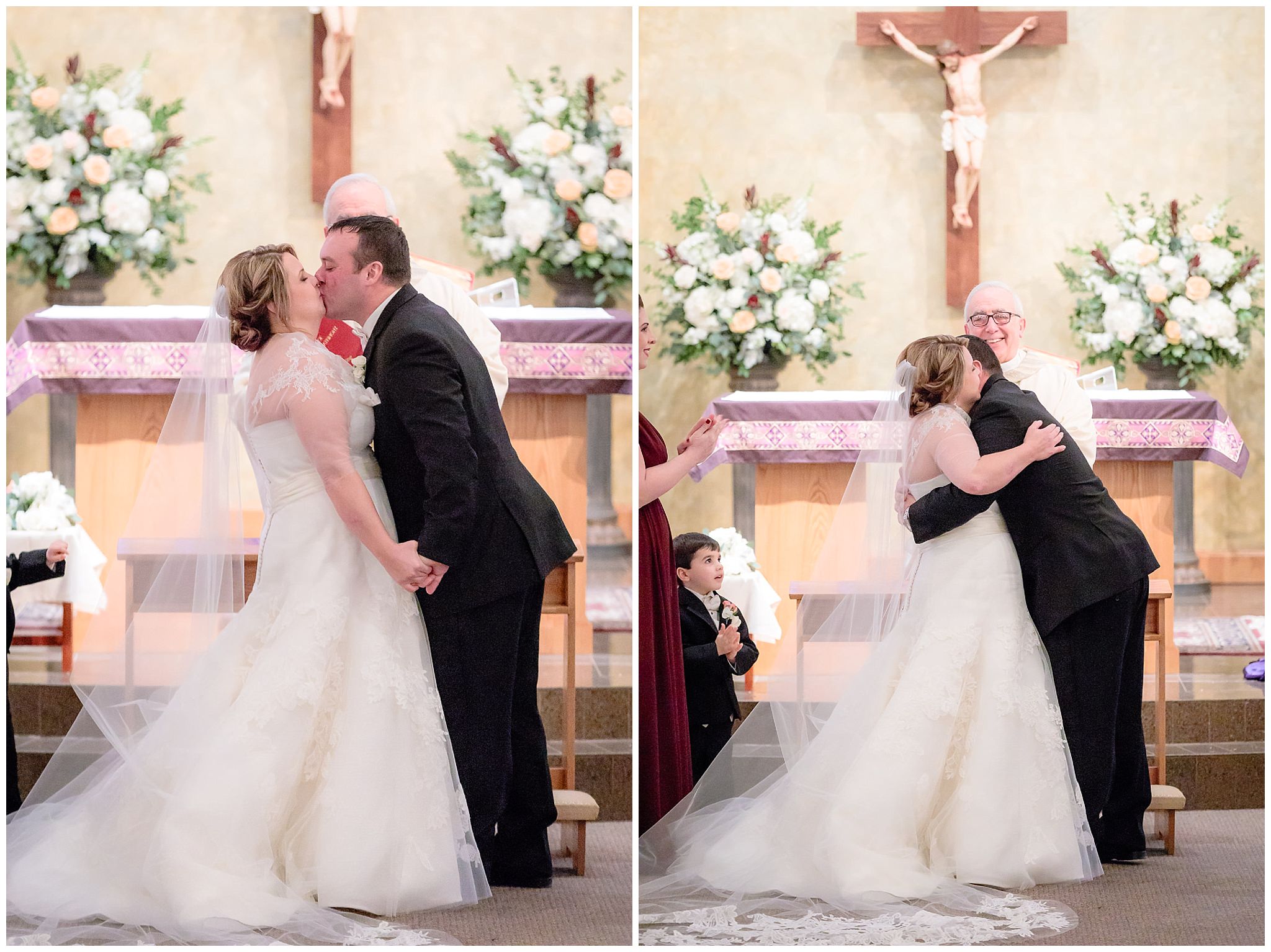 Newlyweds share their first kiss at a Mother of Sorrows wedding in Murrysville