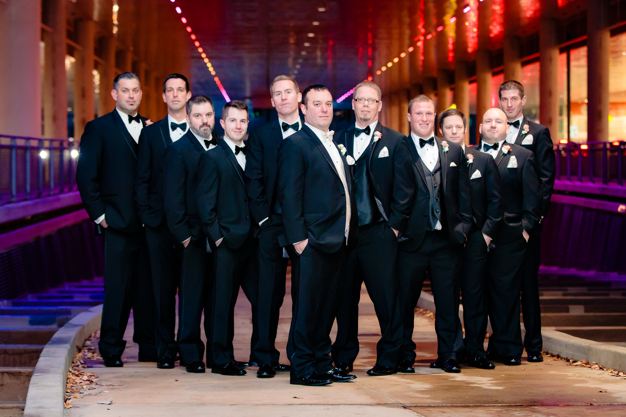 Groom and groomsmen under the David L. Lawrence Convention Center in Pittsburgh