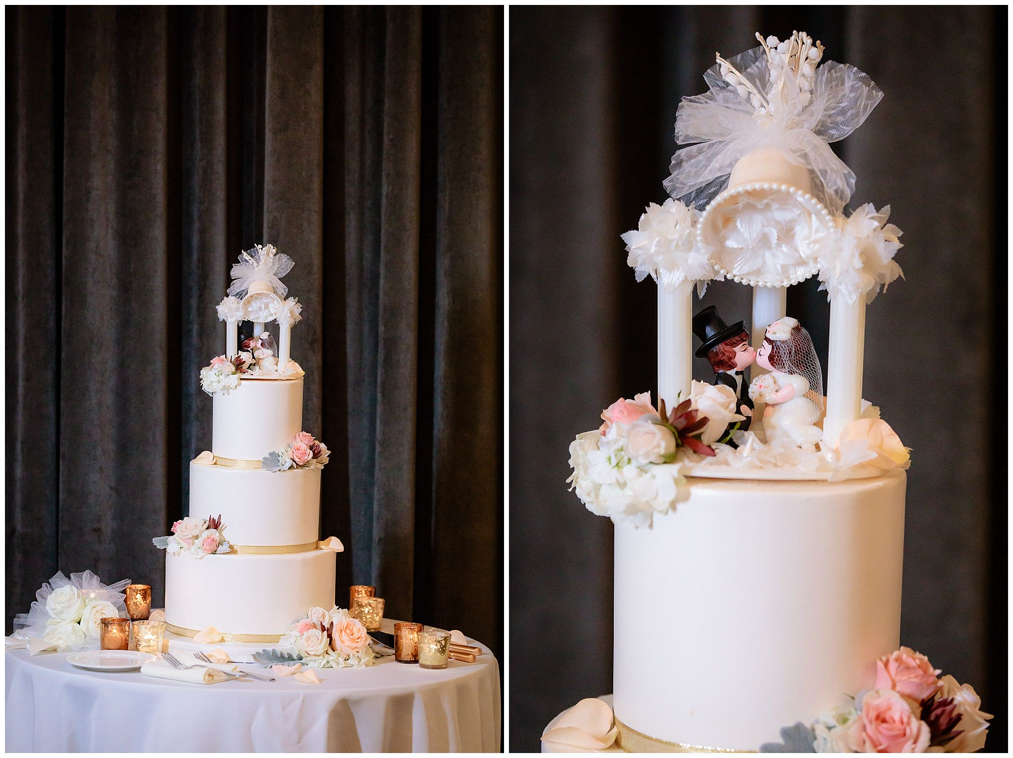 Wedding cake by Tasty Bakery with vintage cake topper at a Hotel Monaco wedding