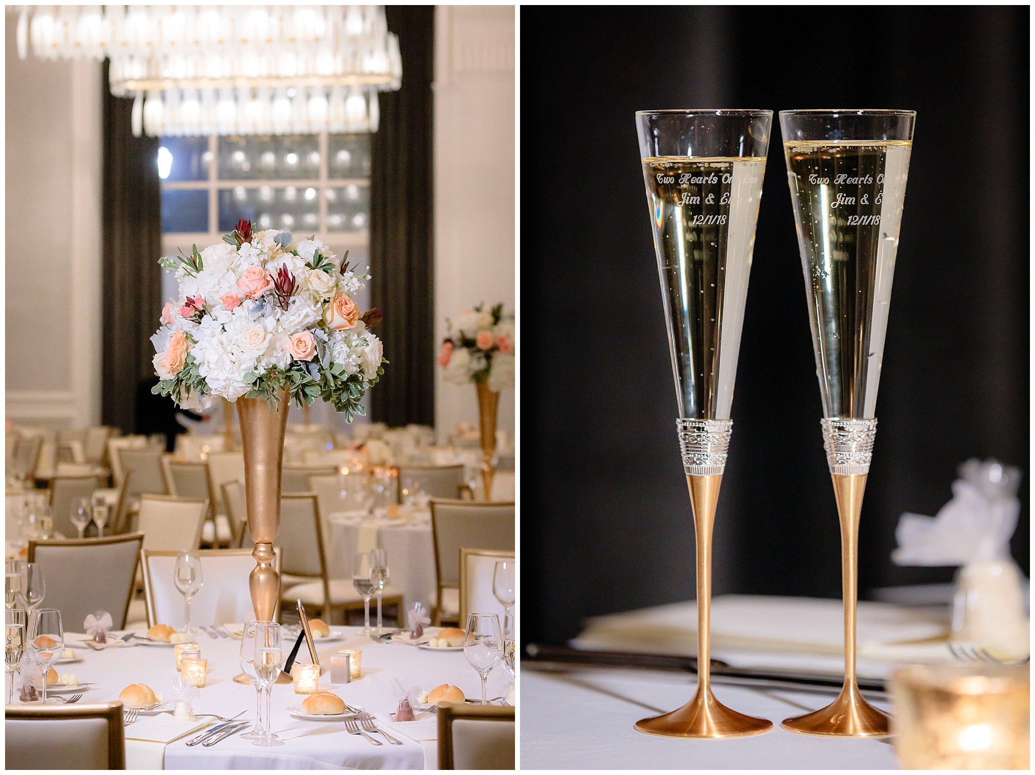Tall floral centerpiece in gold vase and engraved champagne flutes at a Pittsburgh Hotel Monaco wedding