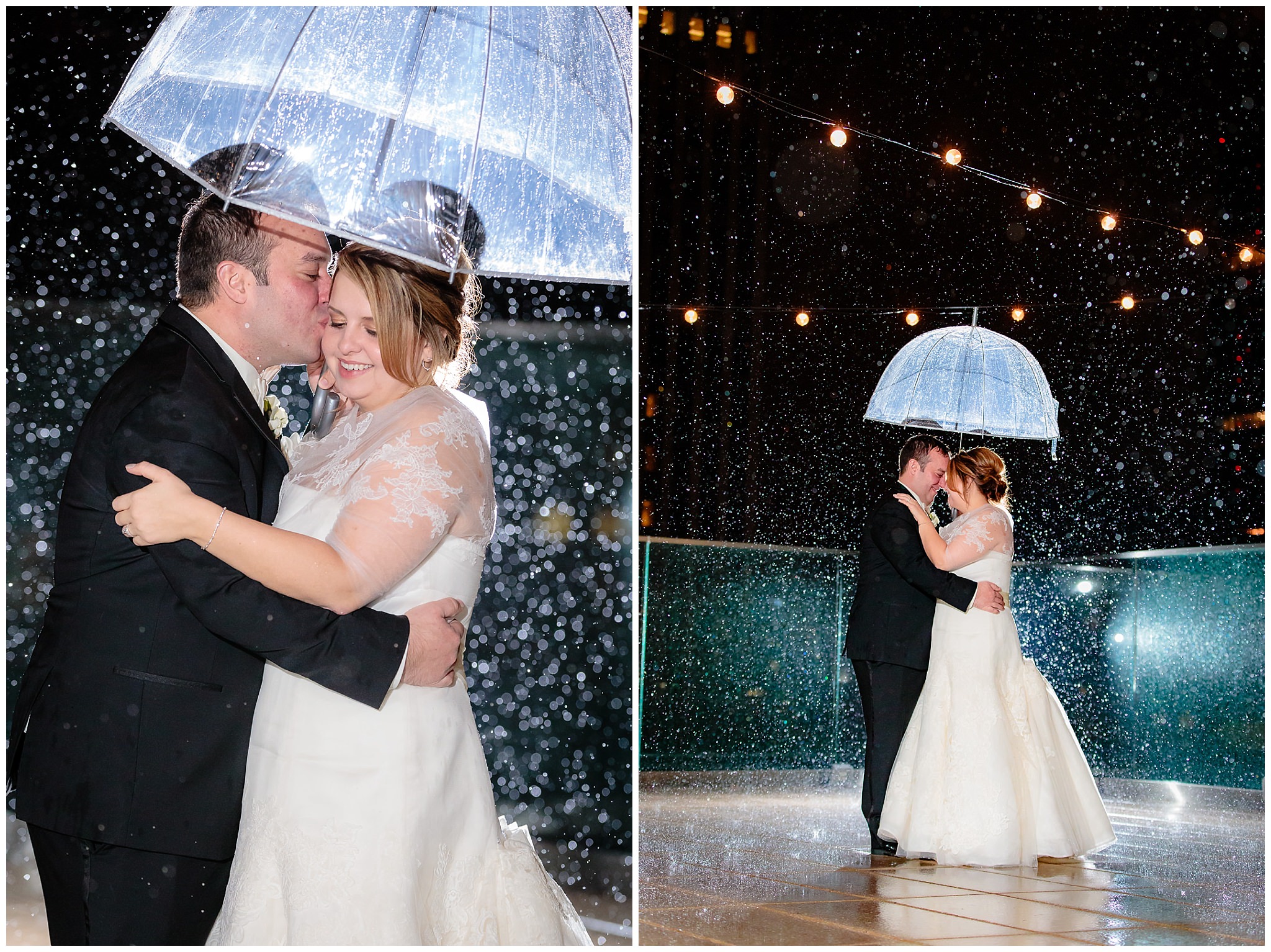 Bride & groom portraits in the rain on the rooftop patio of Pittsburgh's Hotel Monaco