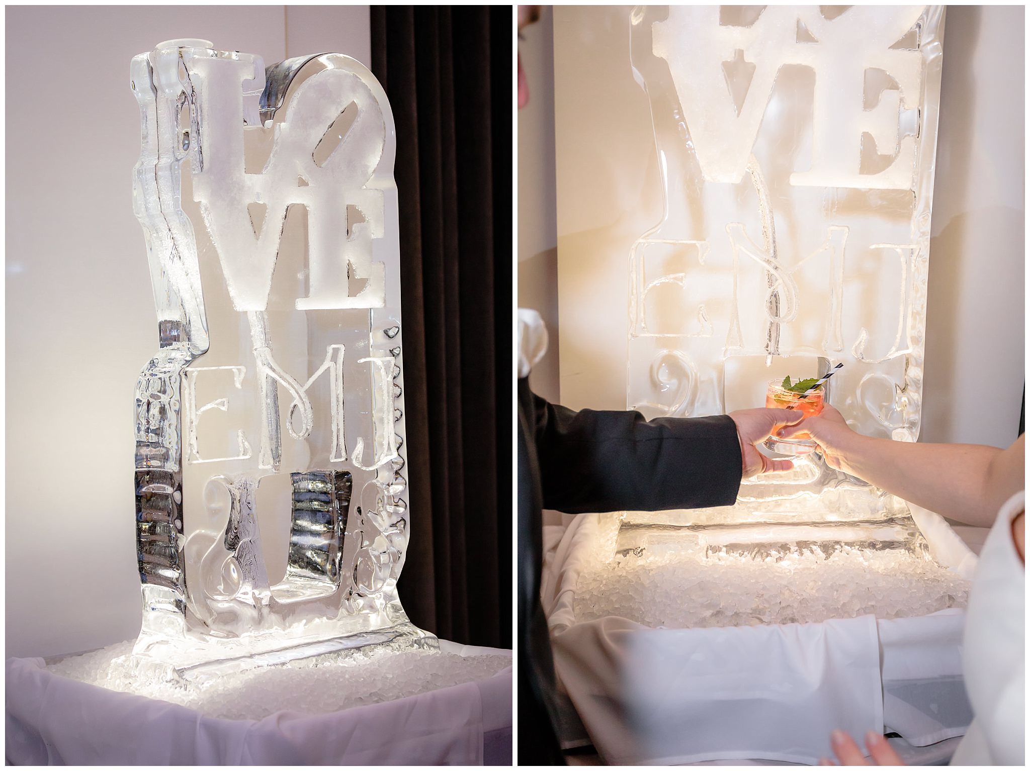 Custom ice sculpture at a Hotel Monaco wedding