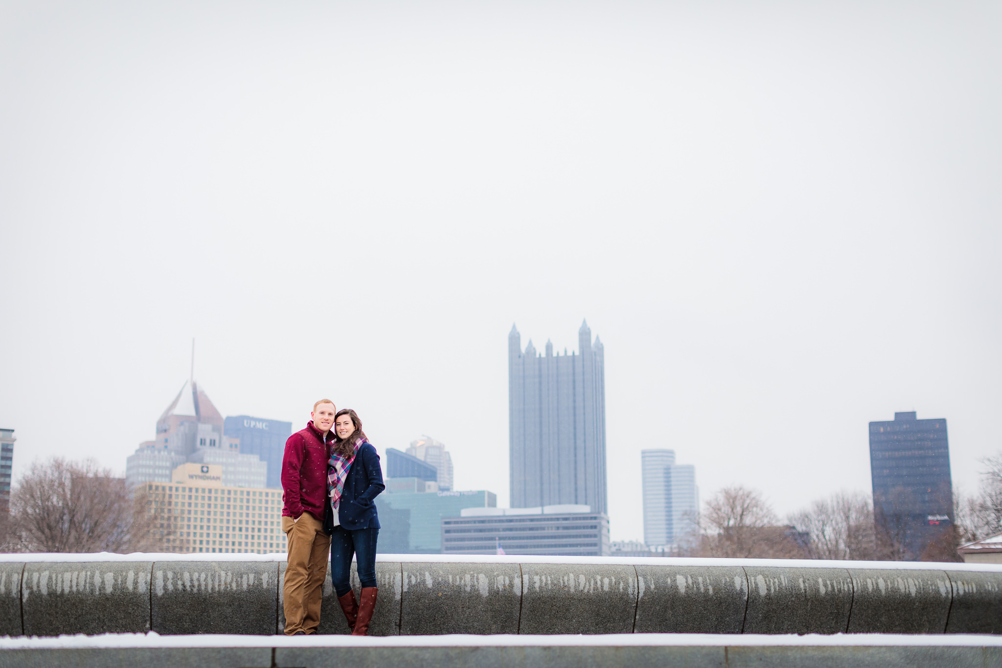 Engagement session at Pittsburgh's Point State Park fountain and Pittsburgh skyline