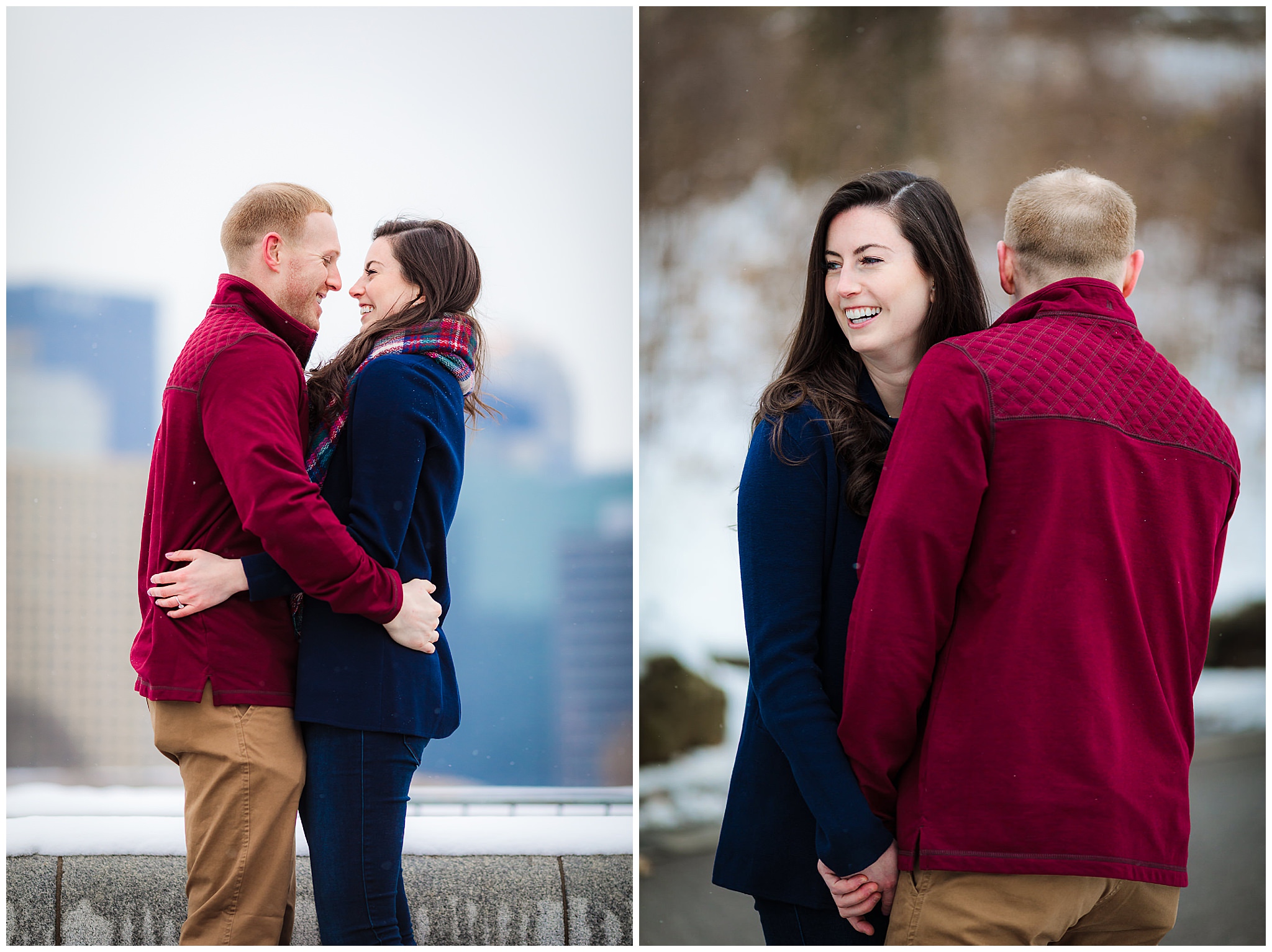 Couple laughs during winter engagement session at Point State Park