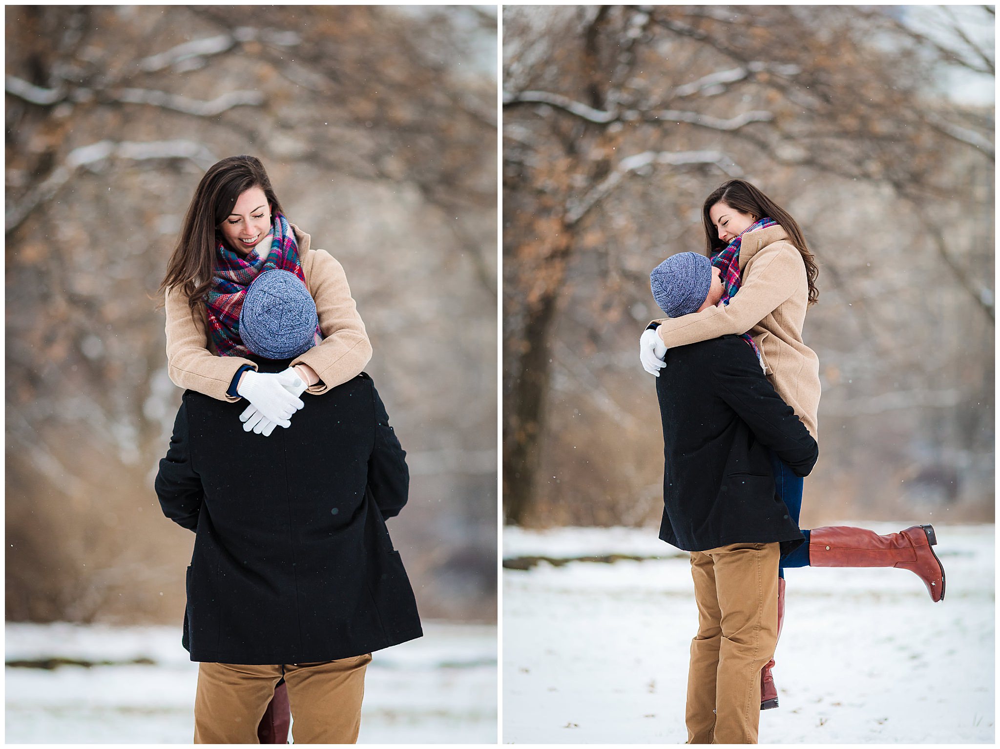 Couple plays in the snow during their winter engagement session in Point State Park