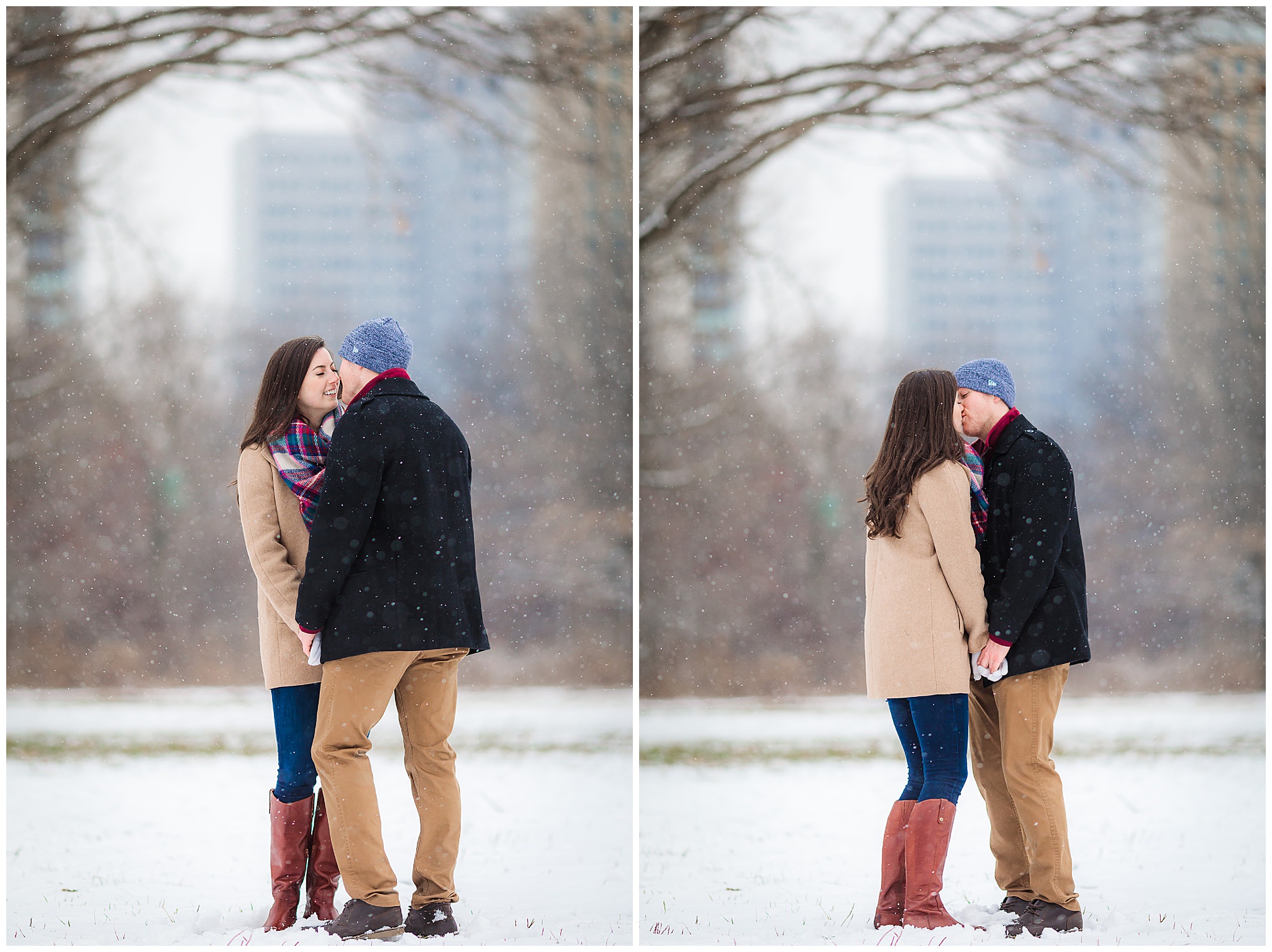 Couple kisses as snow falls in Pittsburgh's Point State Park