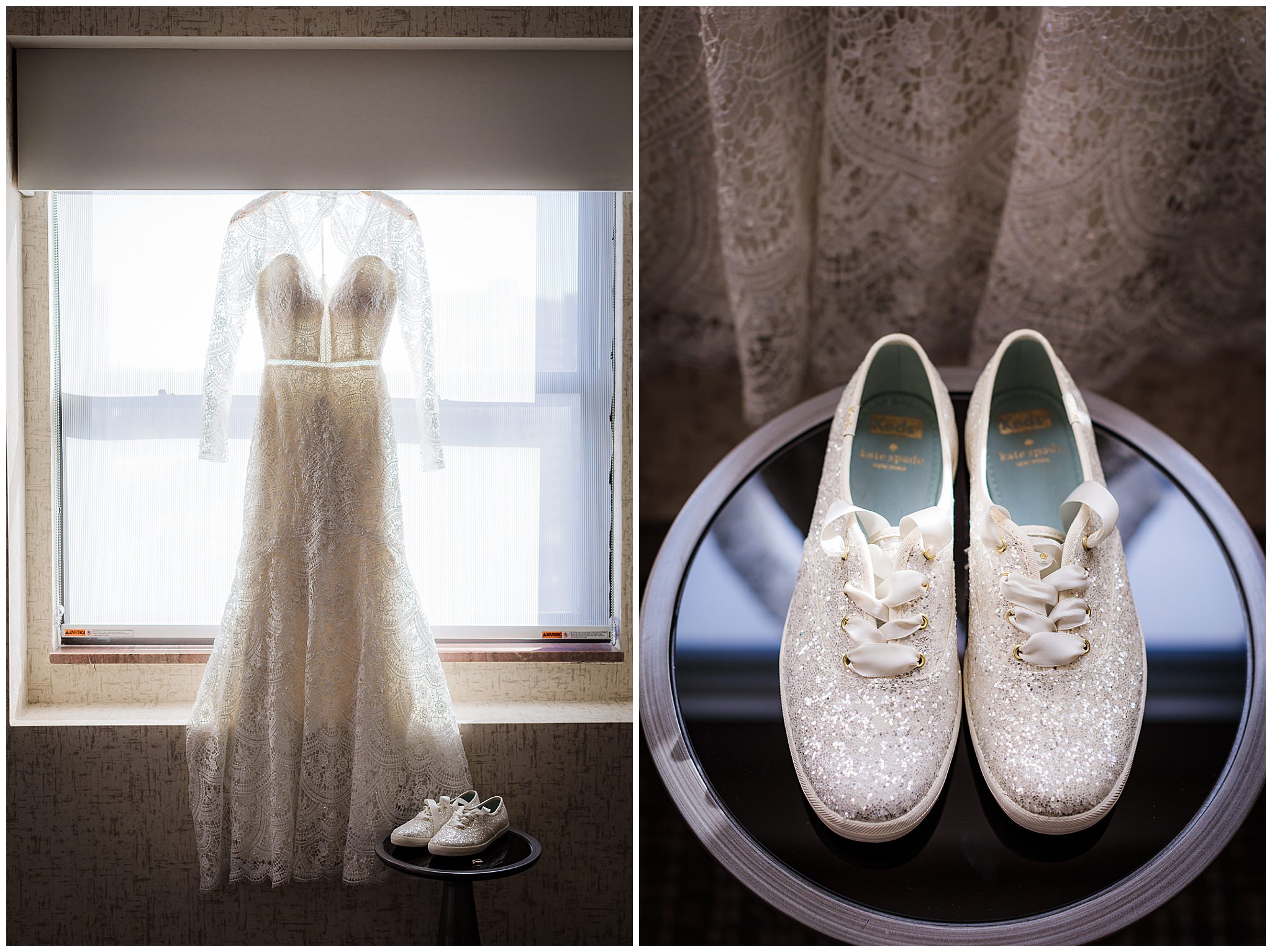 Bride's Wtoo by Watters wedding dress from Bridal Beginning hangs in the window above her white sequence Kate Spade shoes