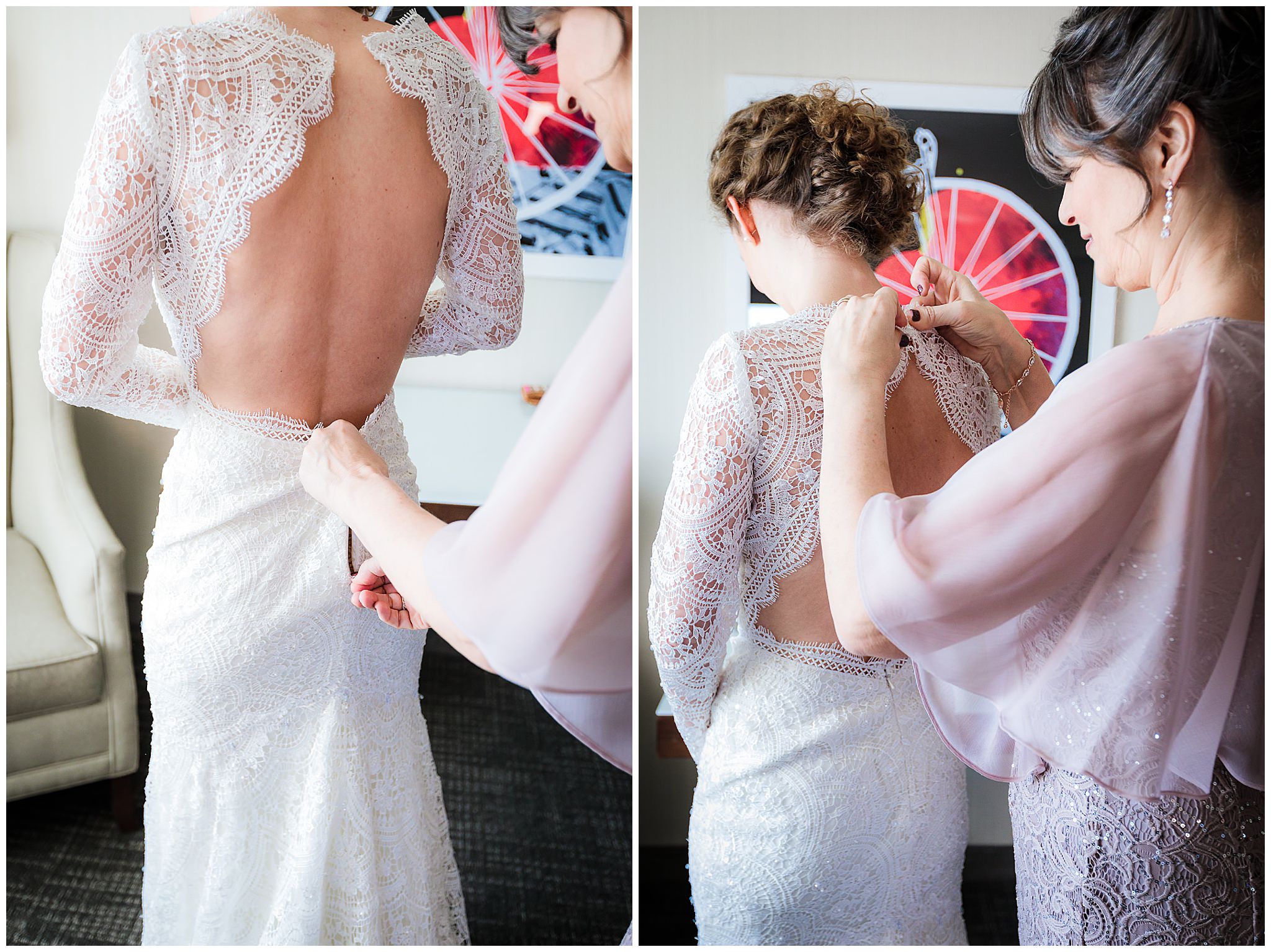Mother of the bride helps her into her Wtoo by Watters wedding dress from Bridal Beginning