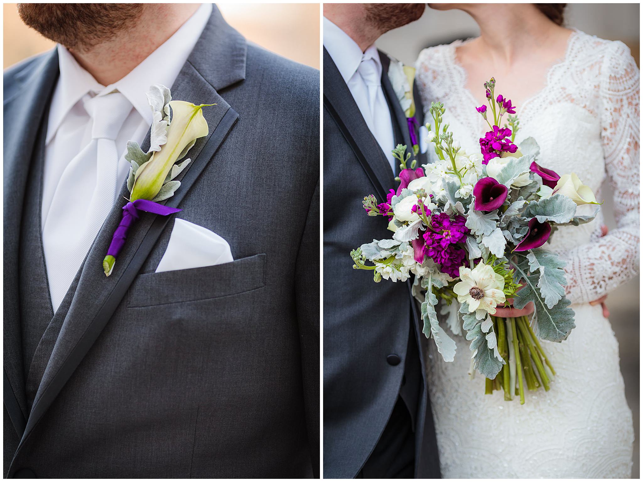 White calla lily boutonniere and purple and white bouquet by Holly Hanna Floral in Pittsburgh