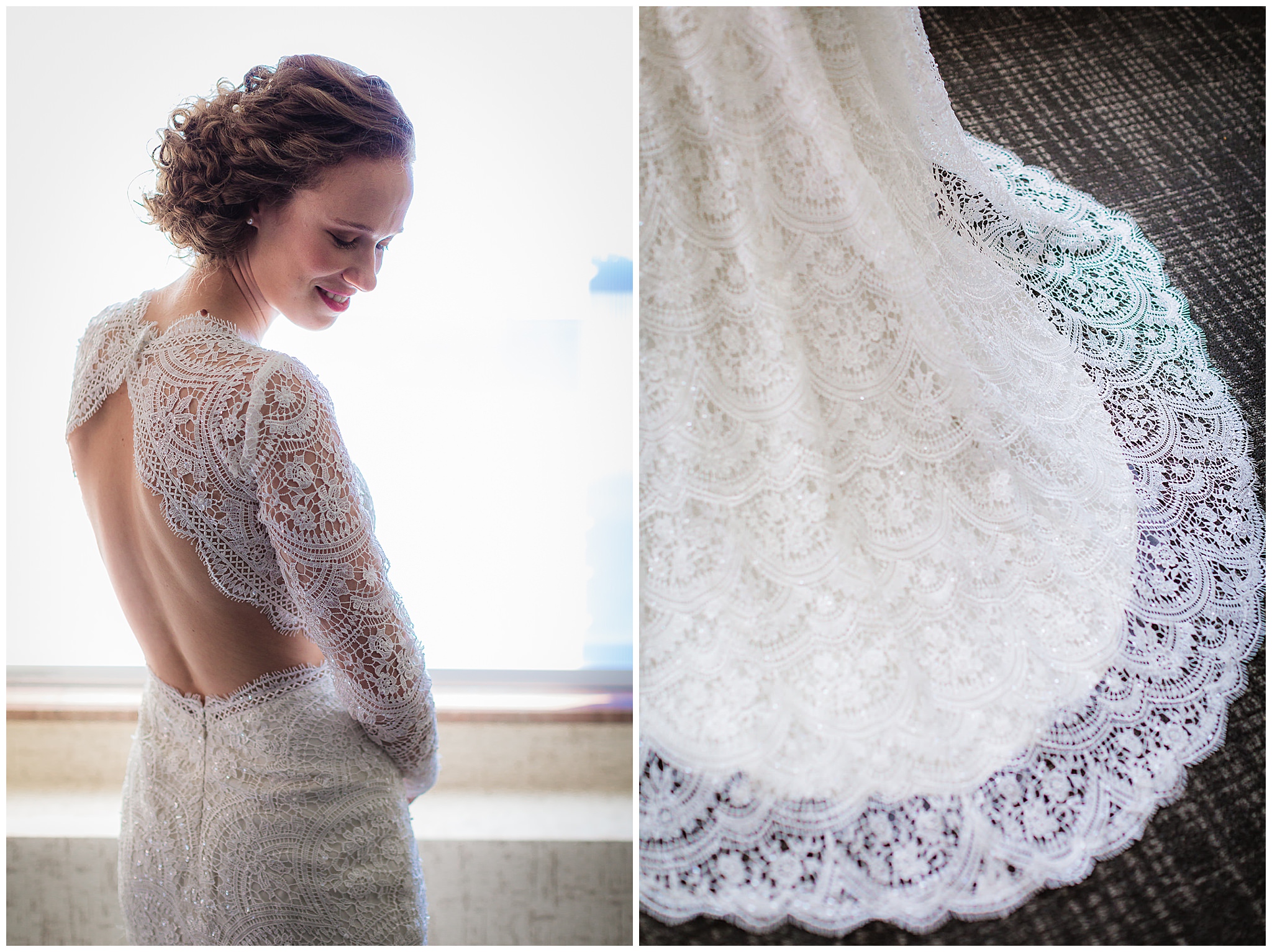 Bride looks down at the lace detail of the train of her Wtoo by Watters wedding dress