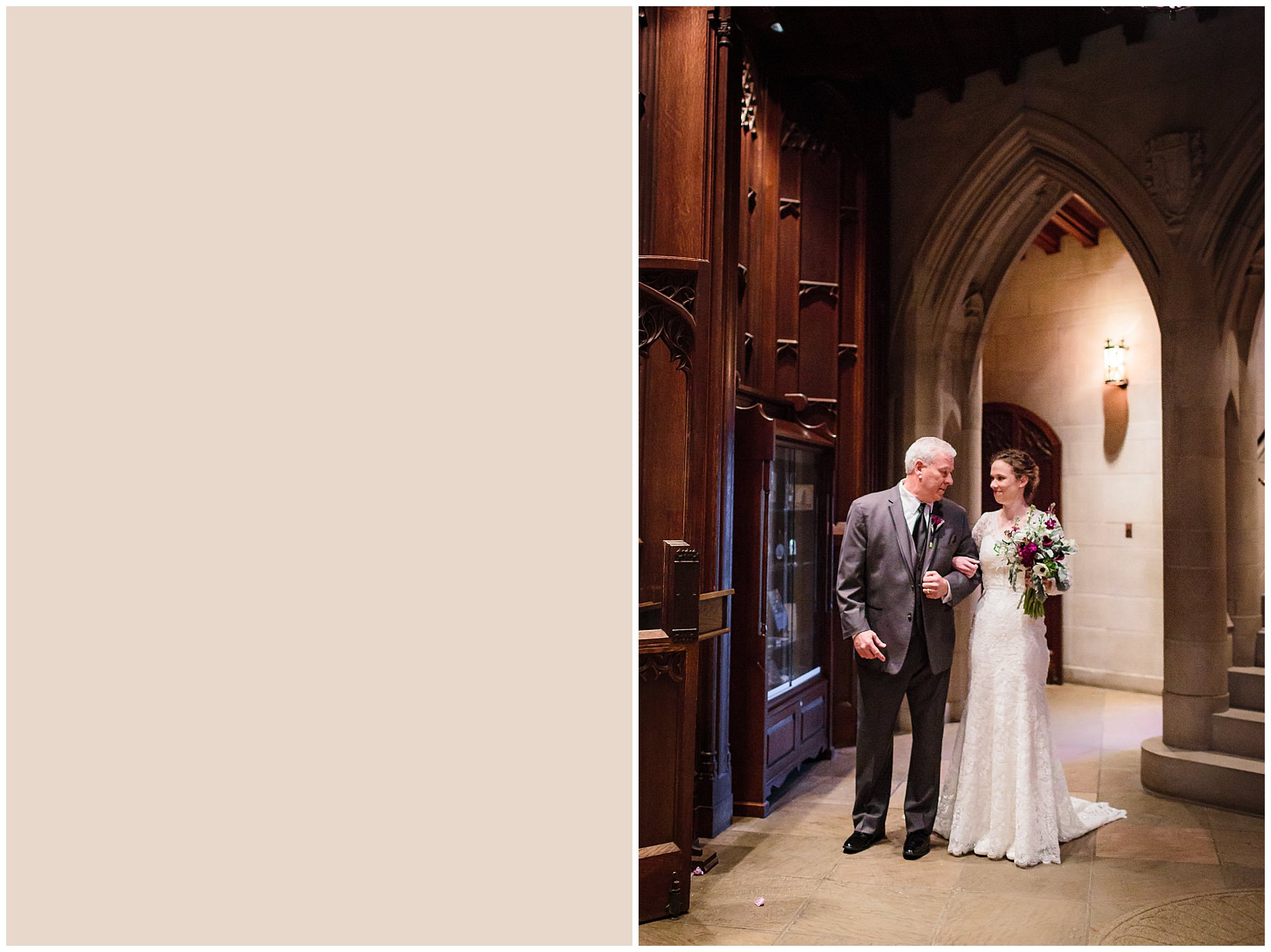 Bride & her father share a moment before walking down the aisle of Heinz Chapel in Pittsburgh, PA