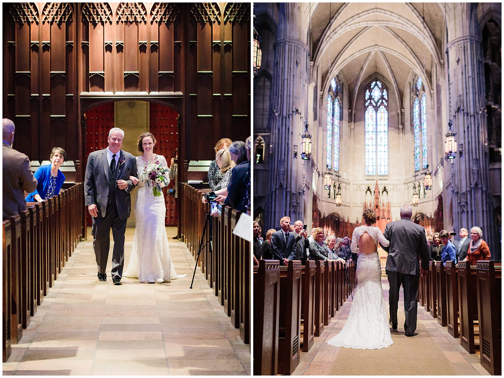 Bride walks down the aisle with her father at a Heinz Chapel wedding