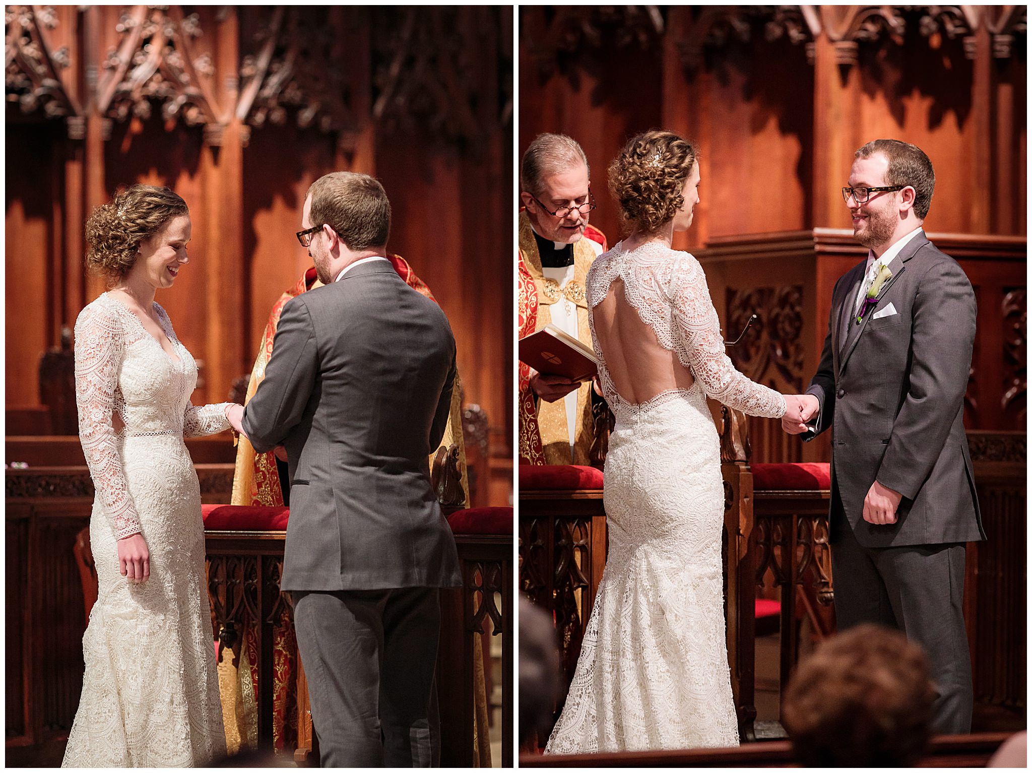 Exchange of vows and rings at a Heinz Memorial Chapel wedding