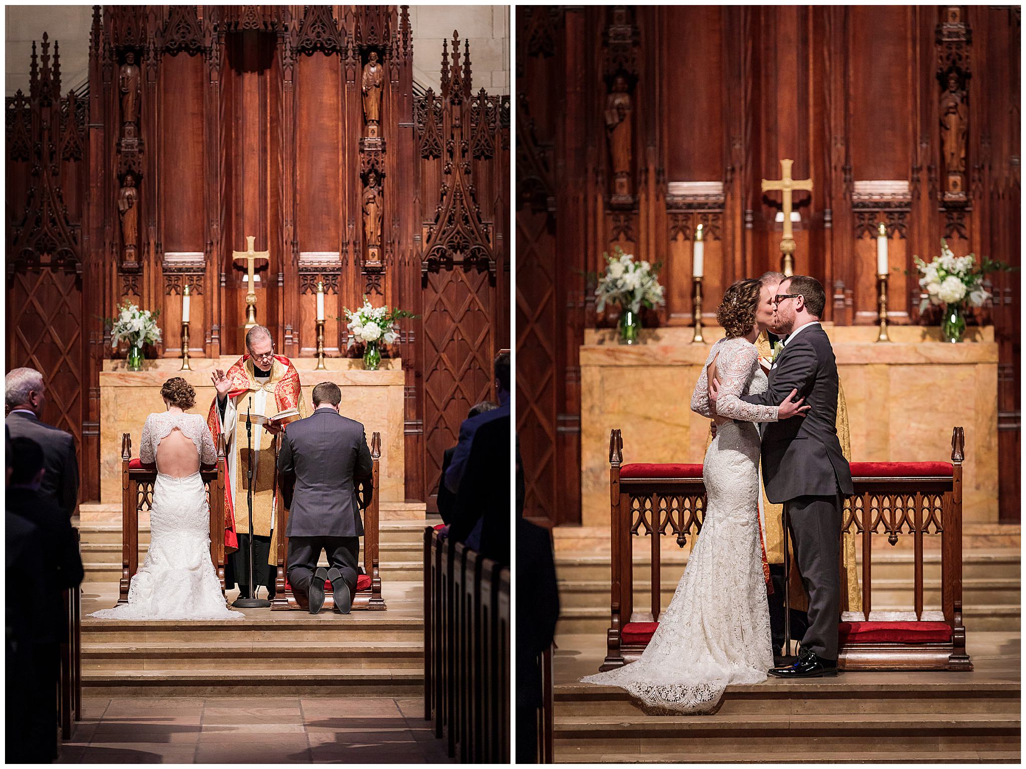 Bride & groom's first kiss at Heinz Chapel in Pittsburgh, PA
