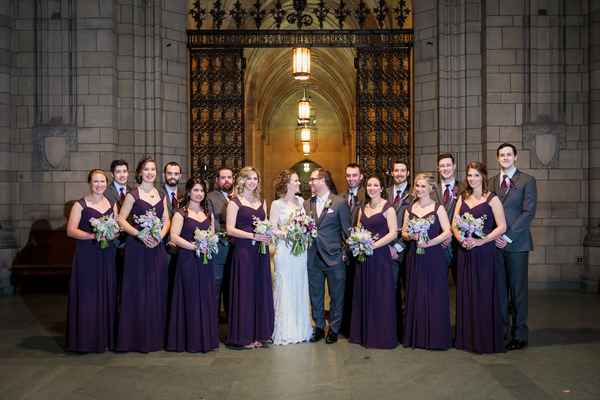 Bridal party inside the Cathedral of Learning after a Heinz Chapel wedding ceremony