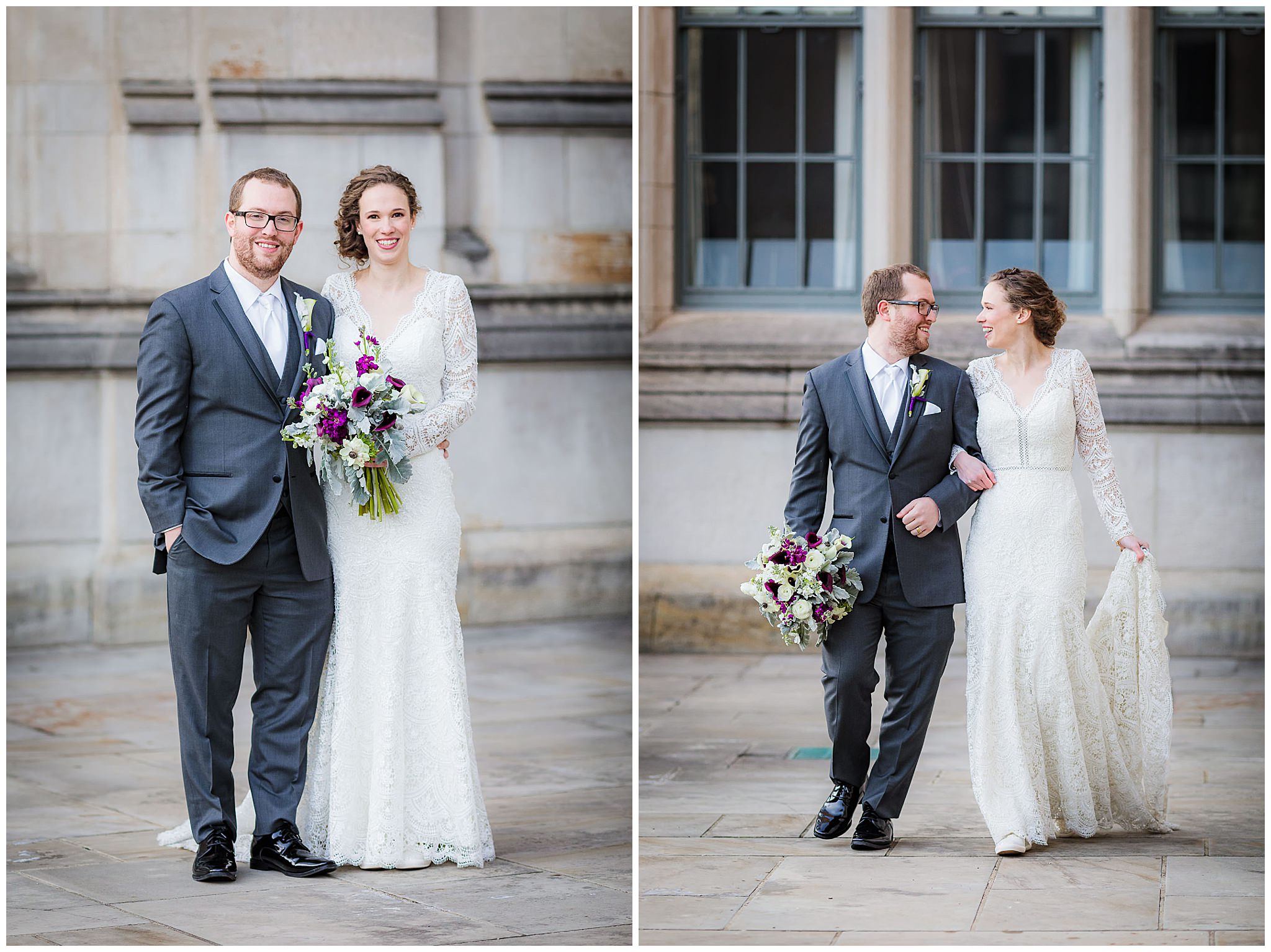 Newlyweds walk and laugh during portraits at the Cathedral of Learning; Wtoo by Watters wedding dress from Bridal Beginning