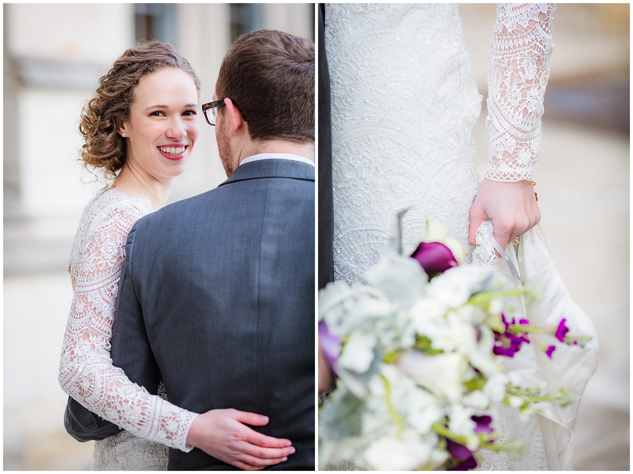 Bride wearing Wtoo by Watters gown with lace sleeves from Bridal Beginning in Pittsburgh PA