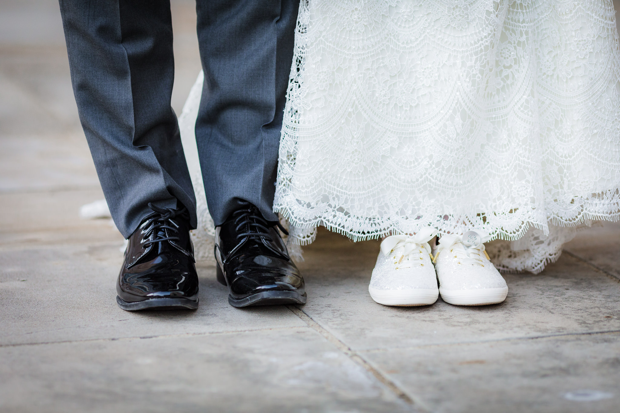 Bride & groom's shoes; white sequence Kate Spade shoes