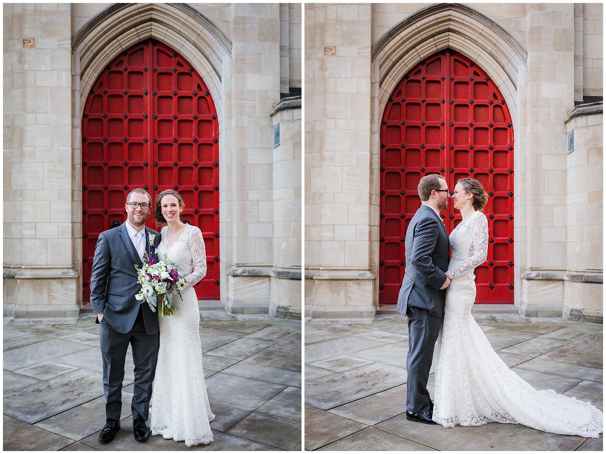 Newlyweds in front of the iconic red door at the Cathedral of Learning after a Heinz Chapel wedding