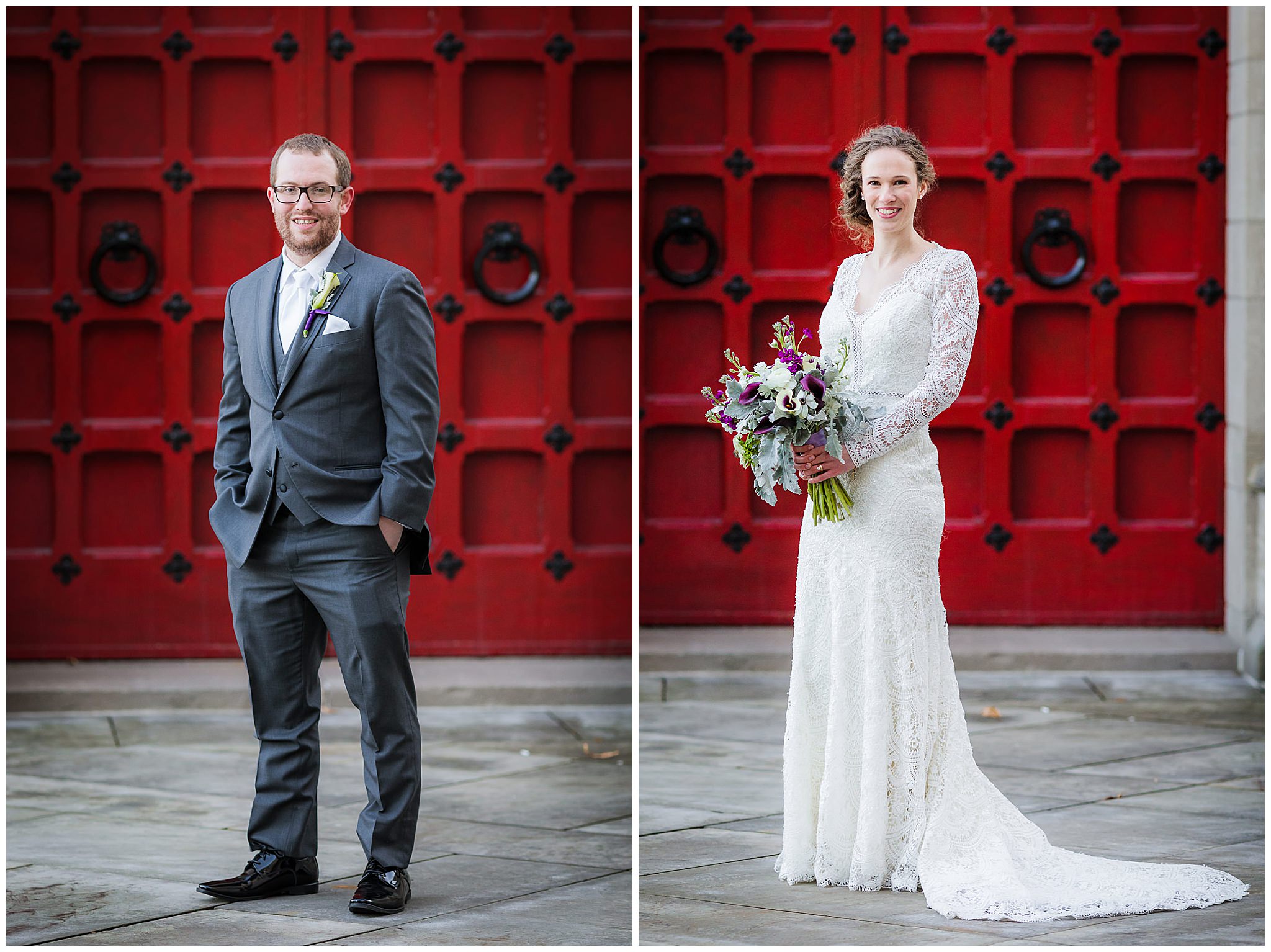 Bride & groom portraits in front of the red doors at the Cathedral of Learning in Pittsburgh PA