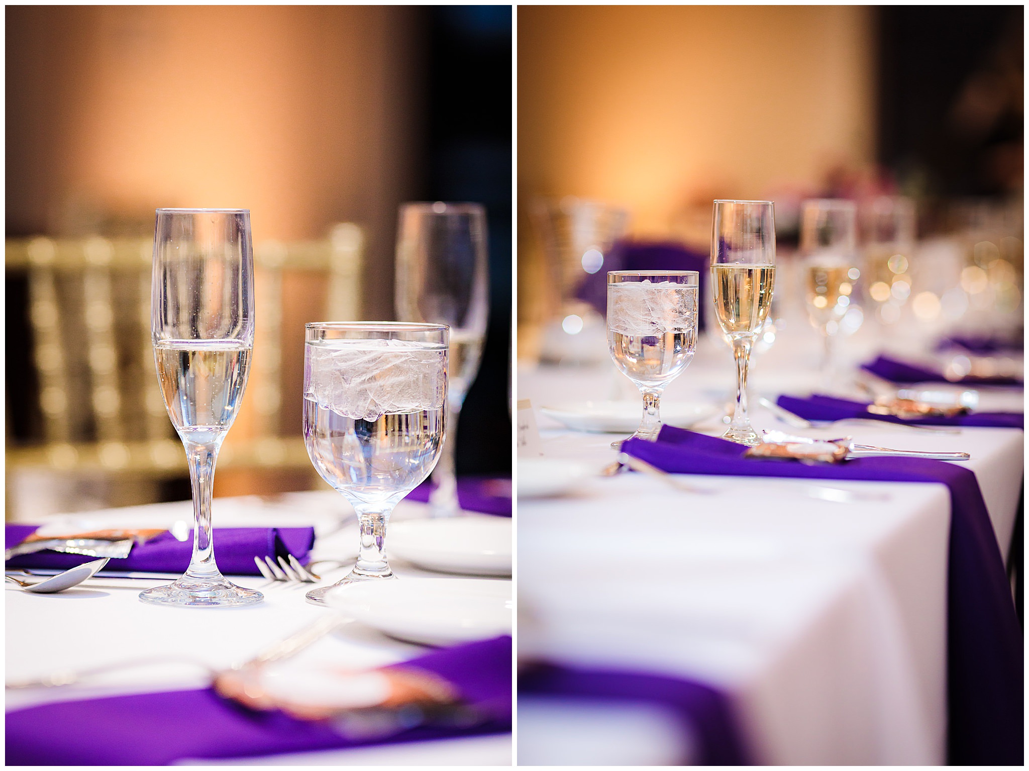 Champagne and water glasses with purple linens at a DoubleTree Pittsburgh Downtown wedding