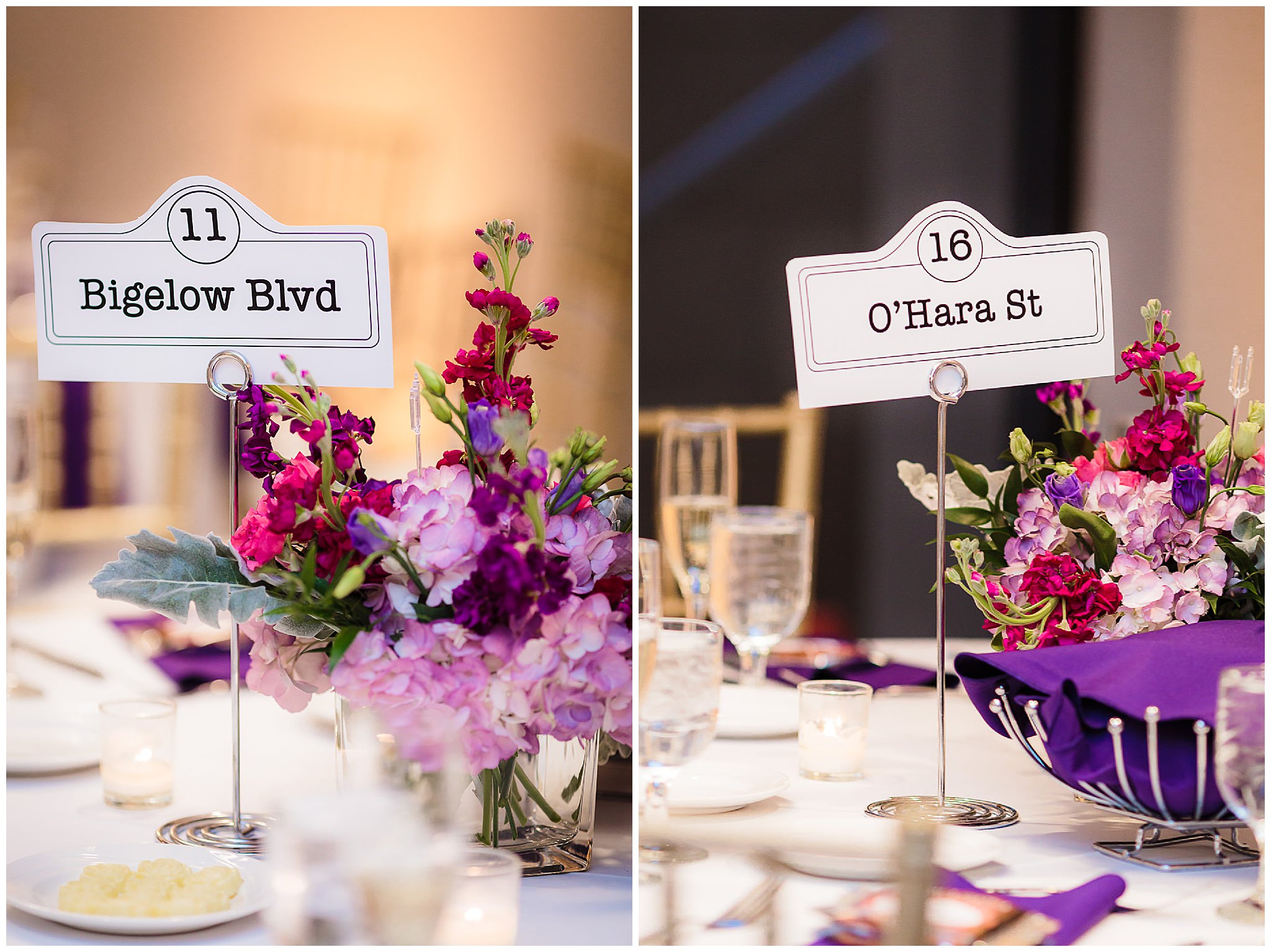 Streets of Oakland in Pittsburgh as table numbers at a DoubleTree Pittsburgh Downtown wedding
