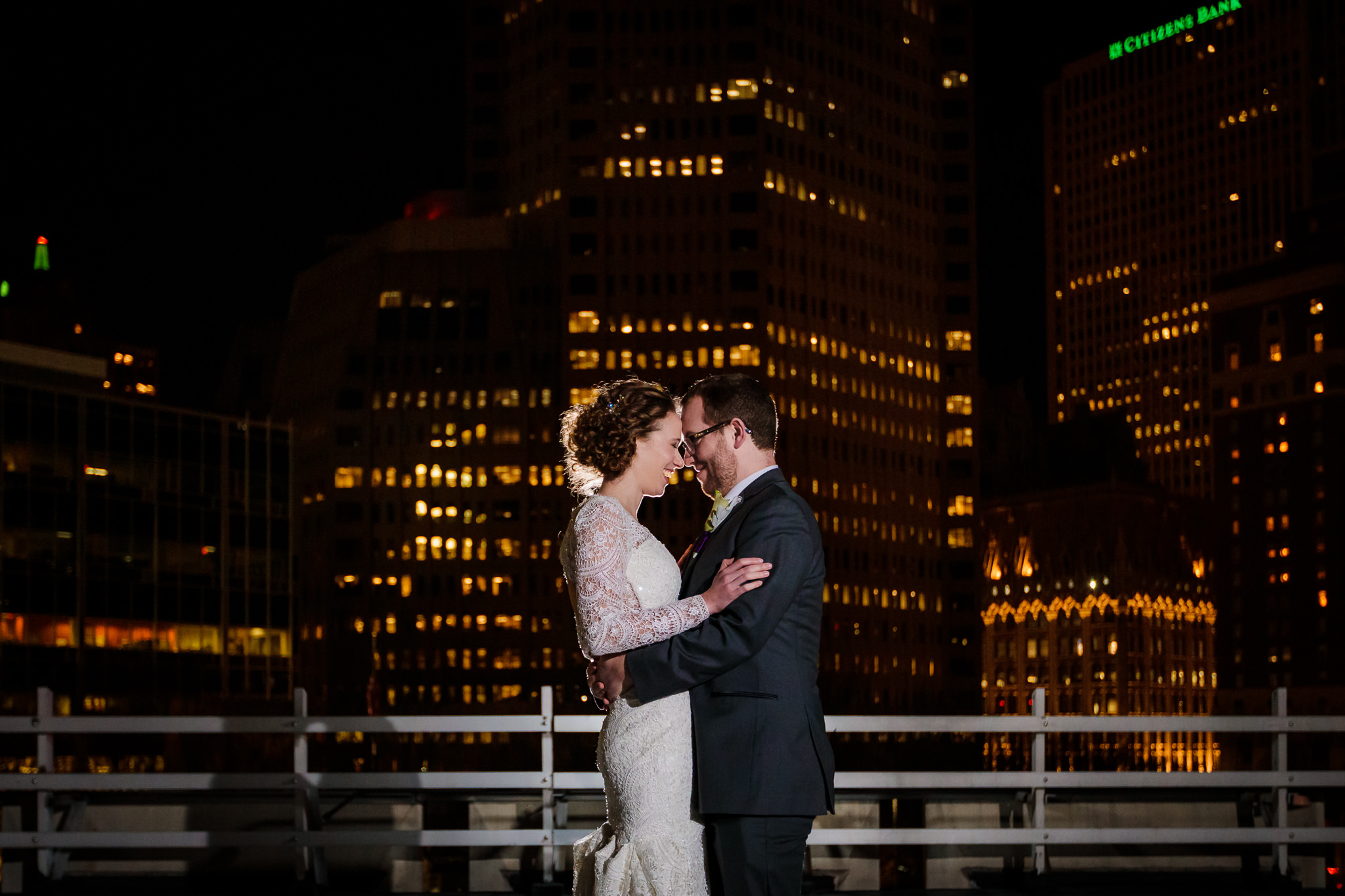 Night wedding photo on the patio of the DoubleTree Pittsburgh Downtown