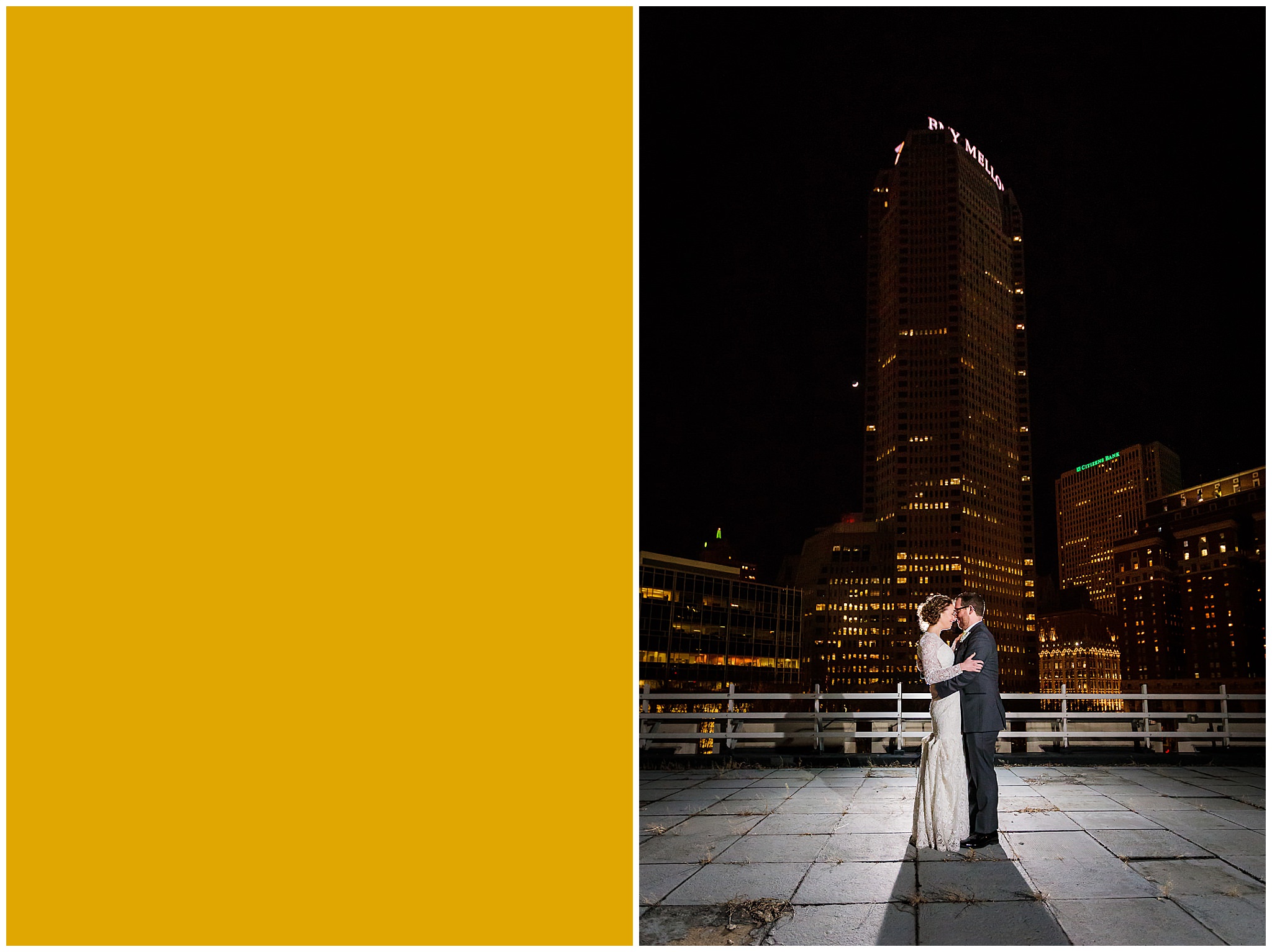 Newlyweds pose for a portrait at night in front of the Pittsburgh skyline on the patio of the DoubleTree Pittsburgh Downtown