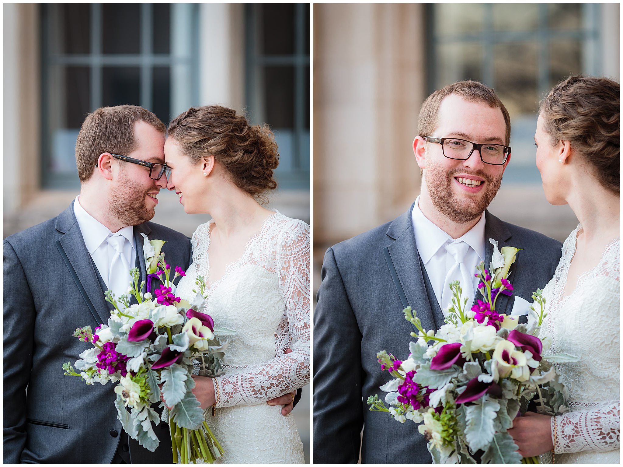 Groom smiles for a portrait with his bride with flowers by Holly Hanna Floral in Pittsburgh, PA
