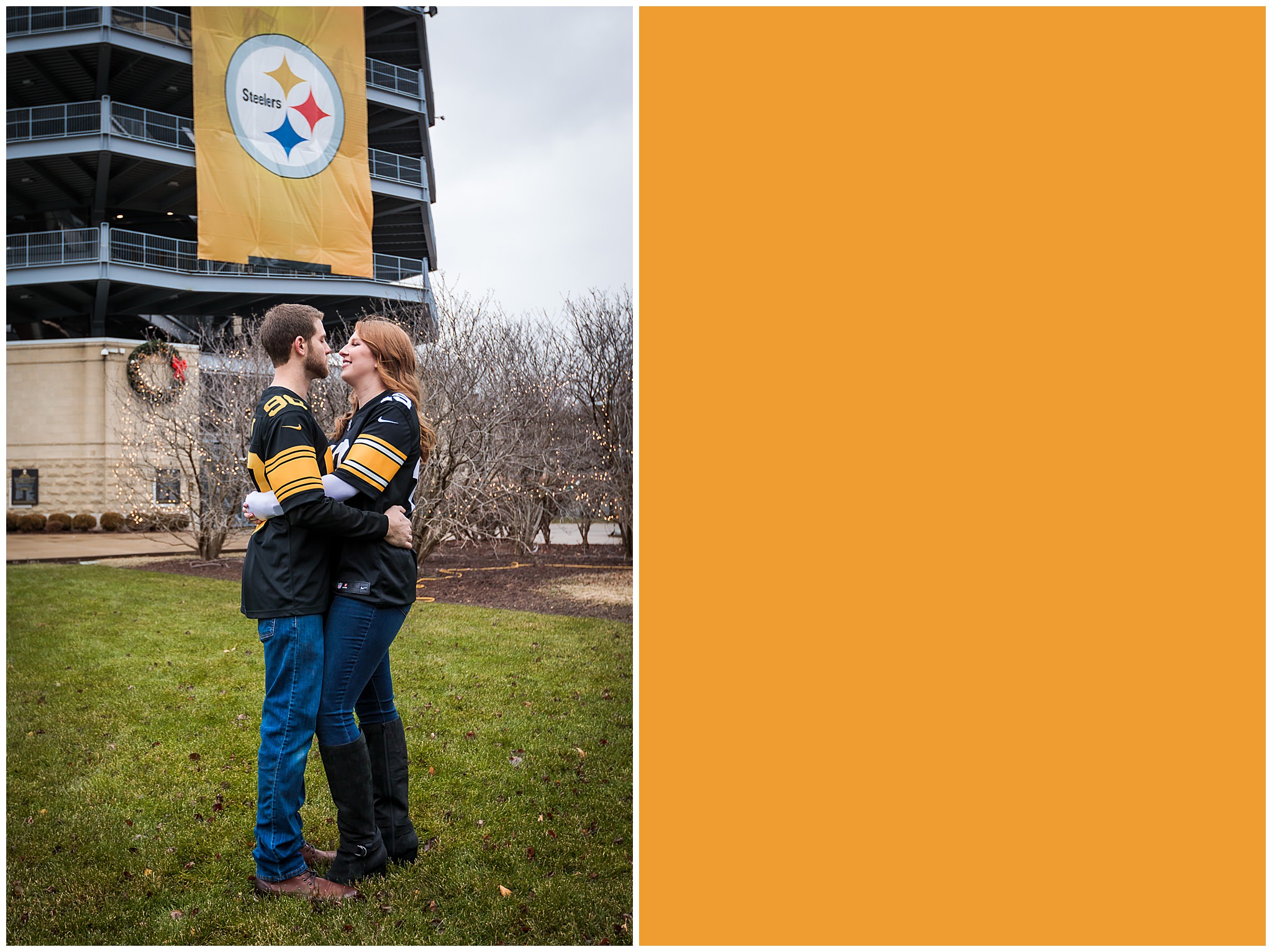 Couple wearing Steelers jersey hugs in front of Heinz Field at a North Shore engagement session
