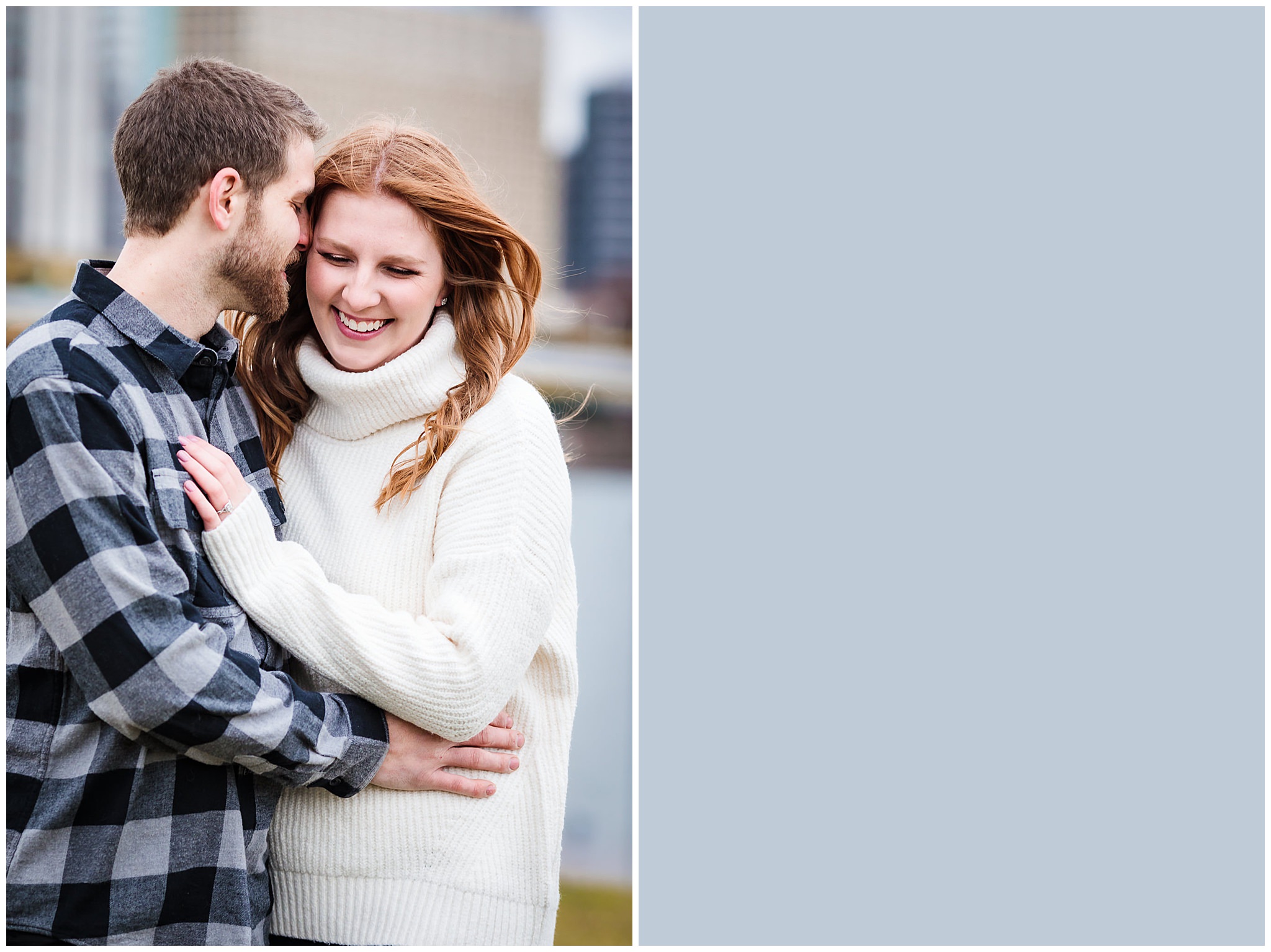 Groom-to-be whispers in his fiance's ear during a North Shore engagement session in Pittsburgh, PA