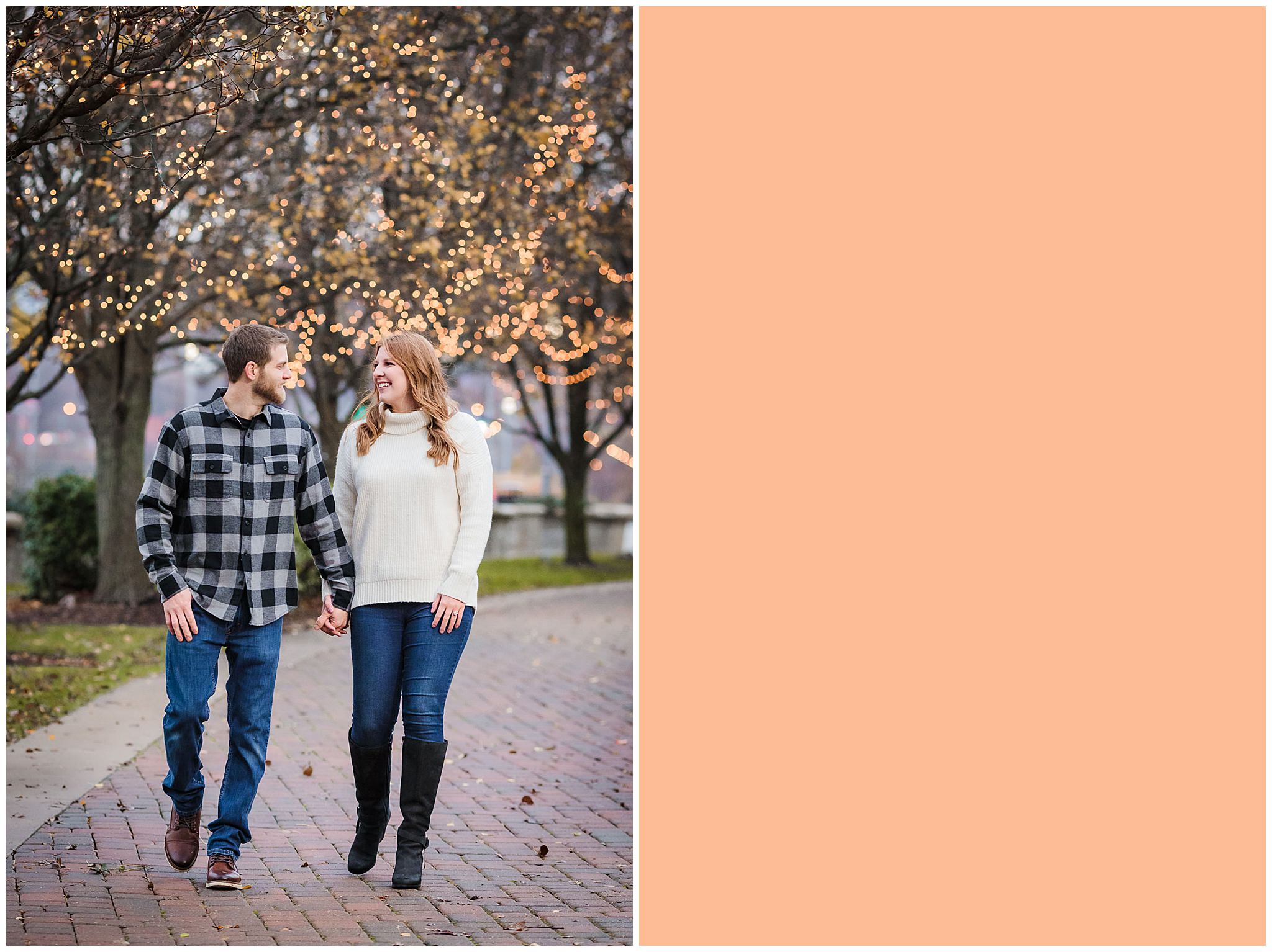 Couple walks down Christmas light lined sidewalk during a North Shore engagement session